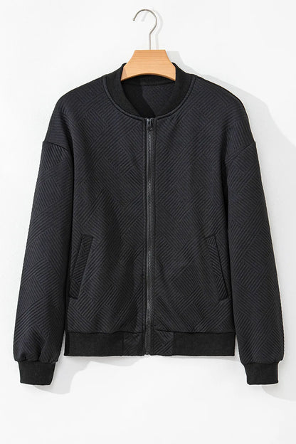 Texture Zip Up Baseball Collar Long Sleeve Jacket-Nordavory