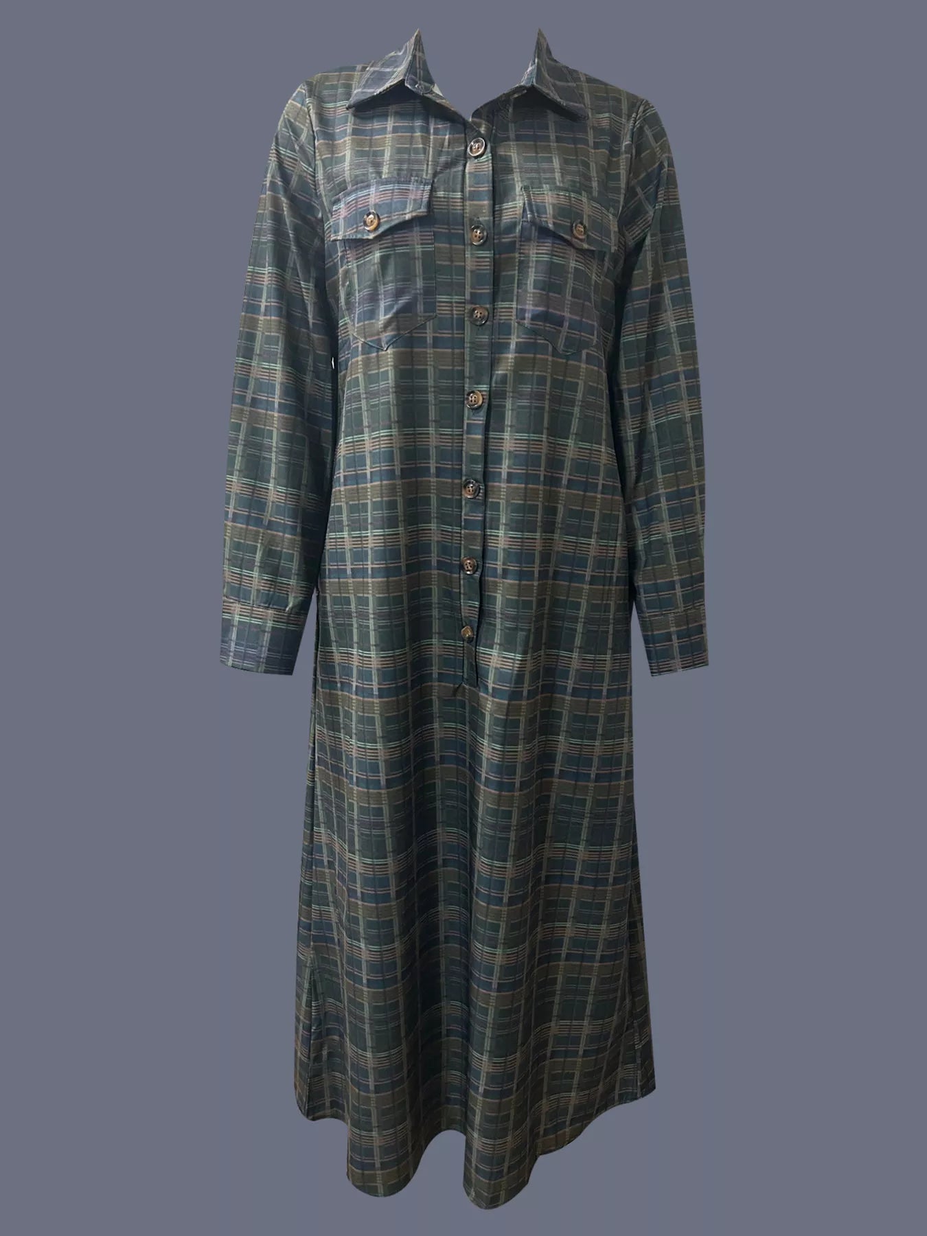 Plaid Button Front Maxi Shirt Dress-Nordavory