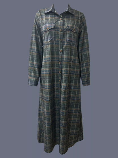 Plaid Button Front Maxi Shirt Dress-Nordavory