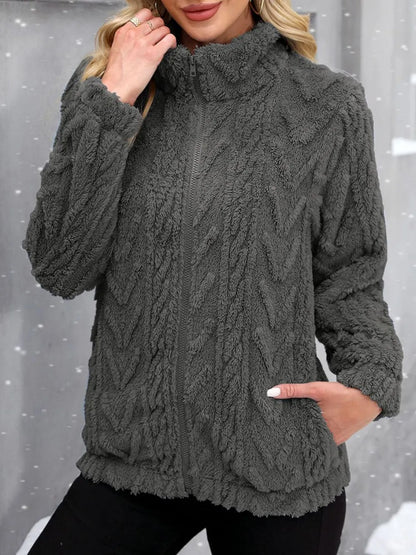 Fuzzy Zip Up Long Sleeve Jacket-Nordavory