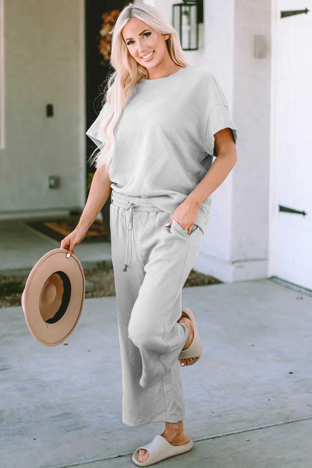 Double Take Full Size Texture Short Sleeve Top and Pants Set-Nordavory