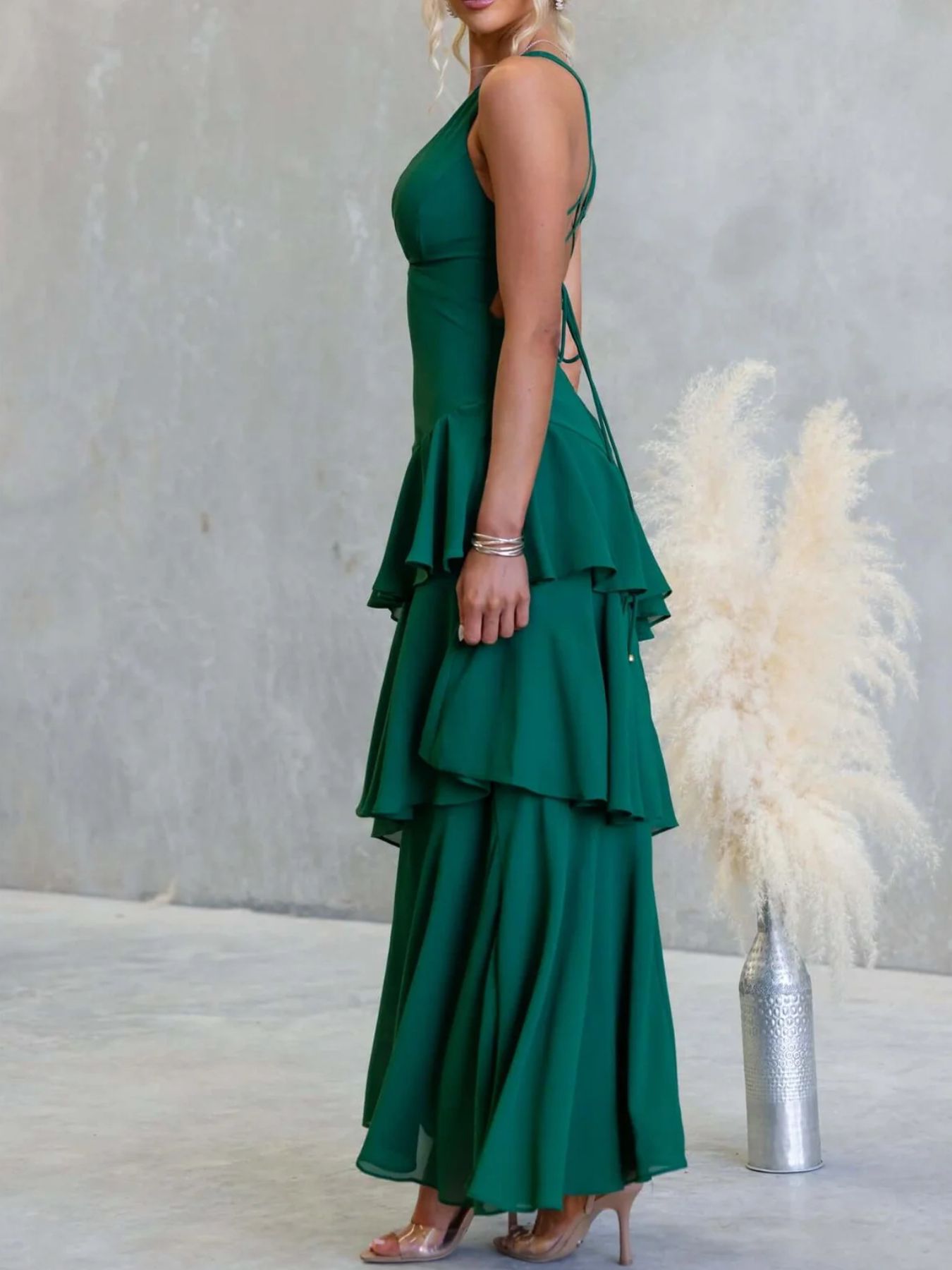 Sleeveless Ruffled Layered Backless Maxi Dress-Nordavory
