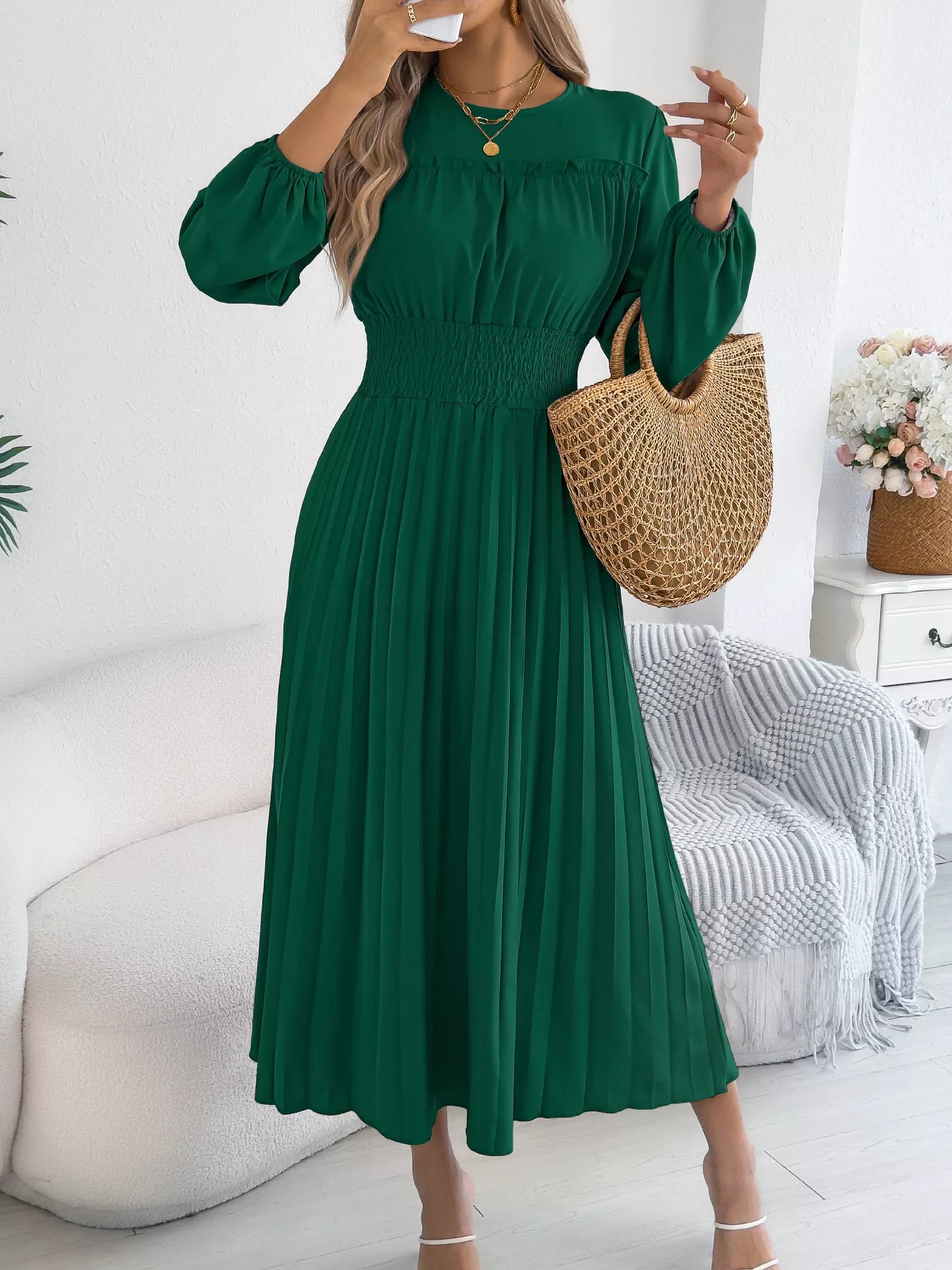 Smocked Pleated Long Sleeve Midi Dress-Nordavory