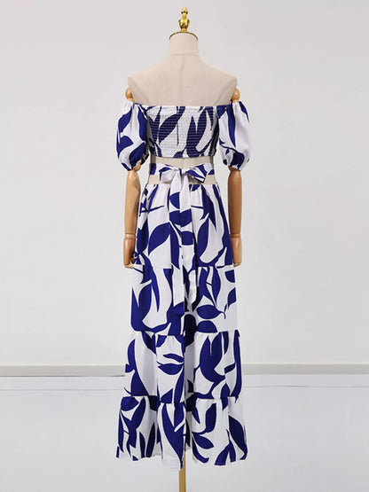 Off-Shoulder Cutout Leaf Print Maxi Dress-Nordavory