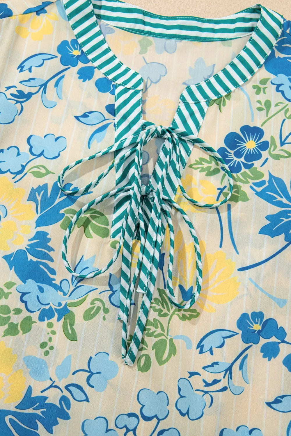 Floral Striped Trim Puff Short Sleeve Dress-Nordavory