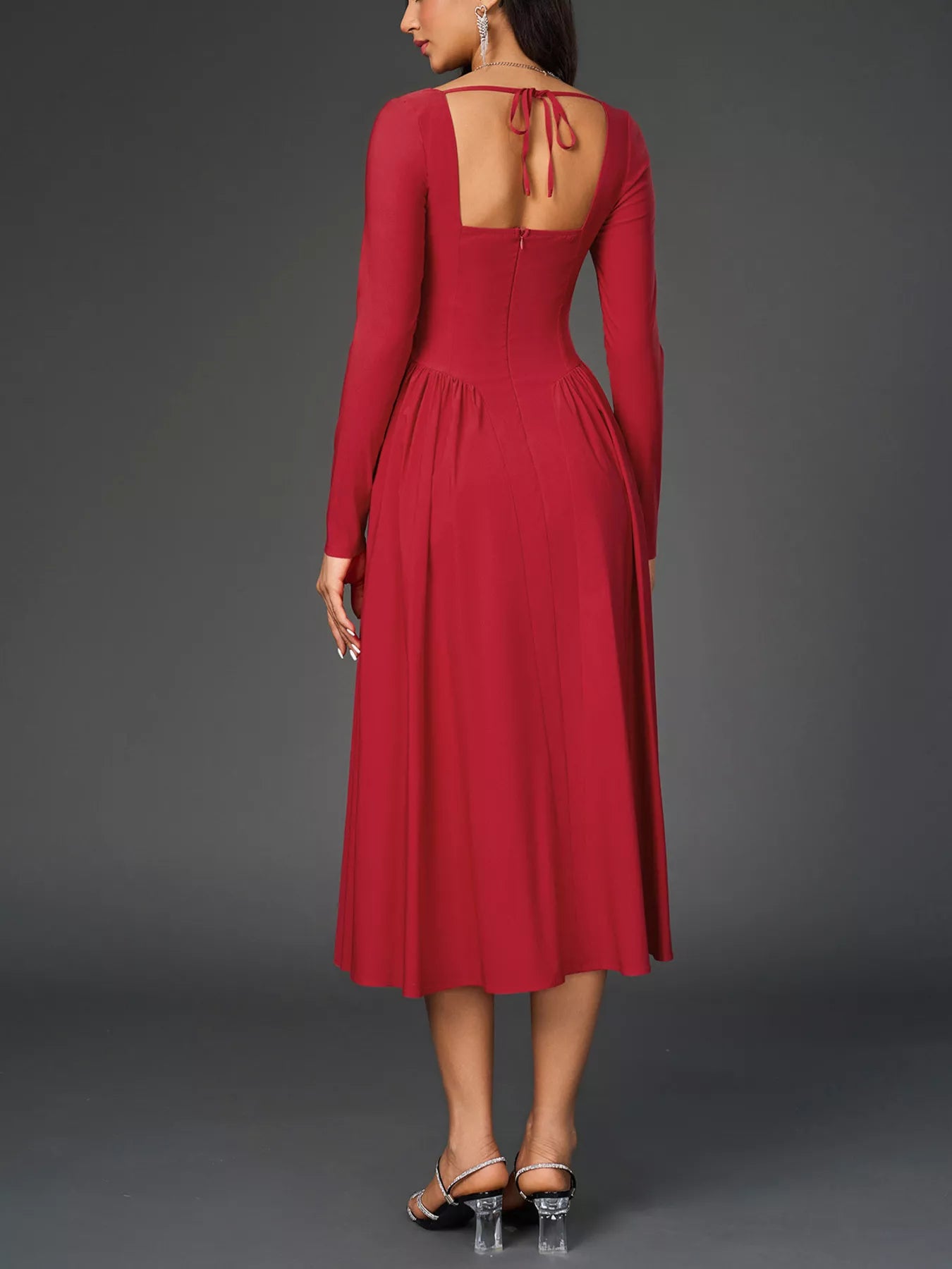 Sweetheart Neckline Long Sleeve A-Line Midi Dress-Nordavory