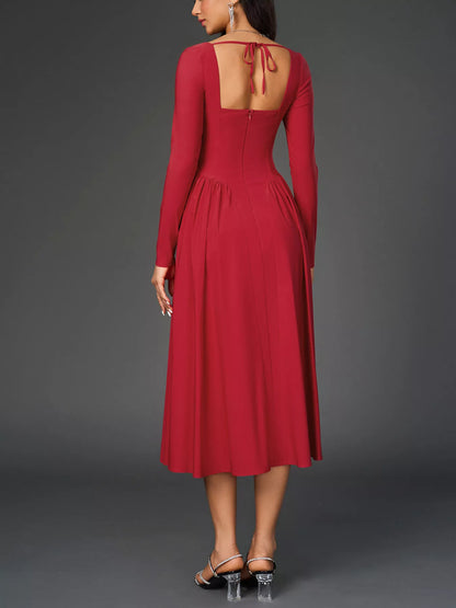 Sweetheart Neckline Long Sleeve A-Line Midi Dress-Nordavory