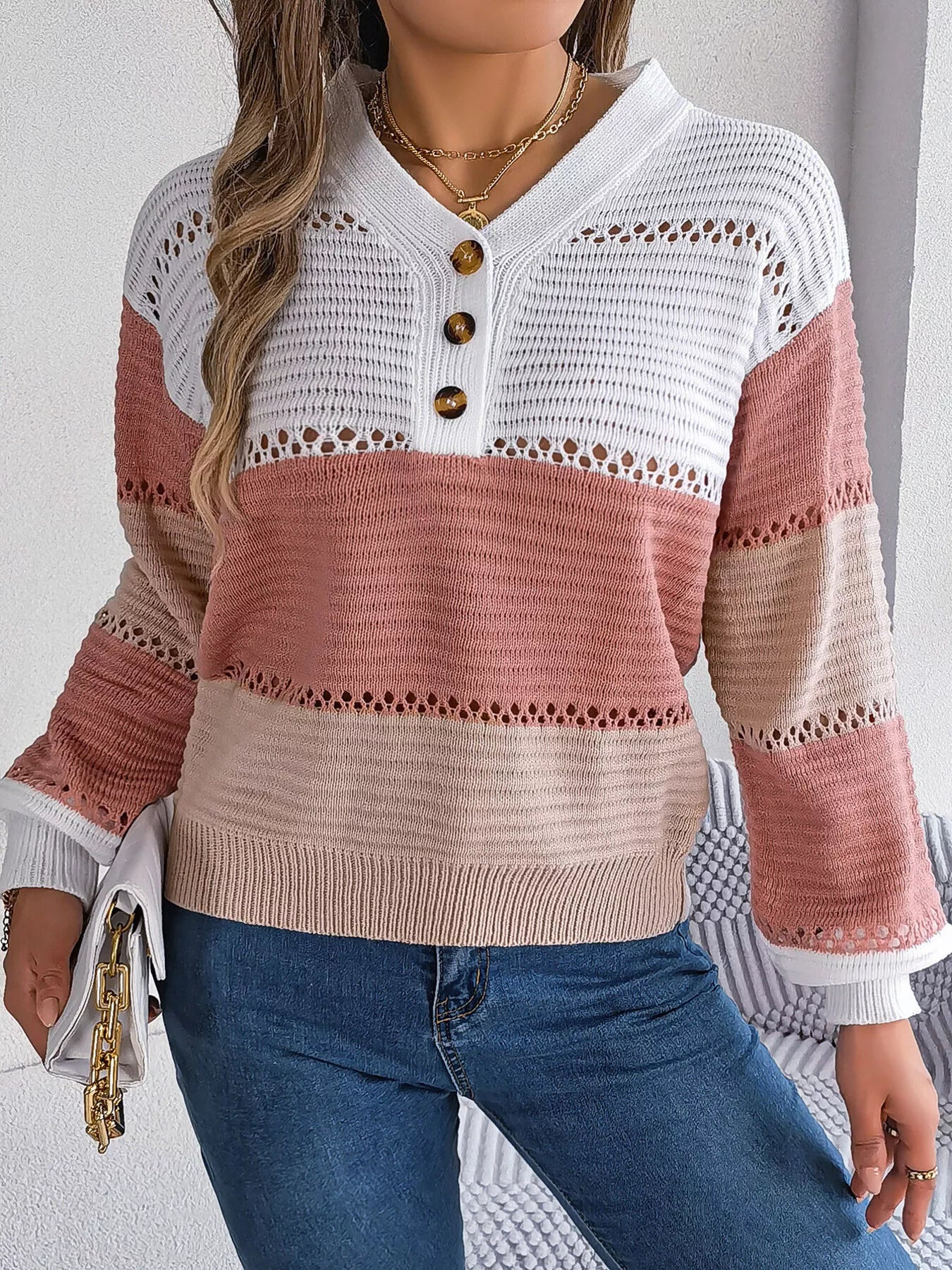 Color Block Striped V-Neck Button Detail Sweater-Nordavory