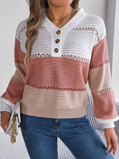 Color Block Striped V-Neck Button Detail Sweater-Nordavory