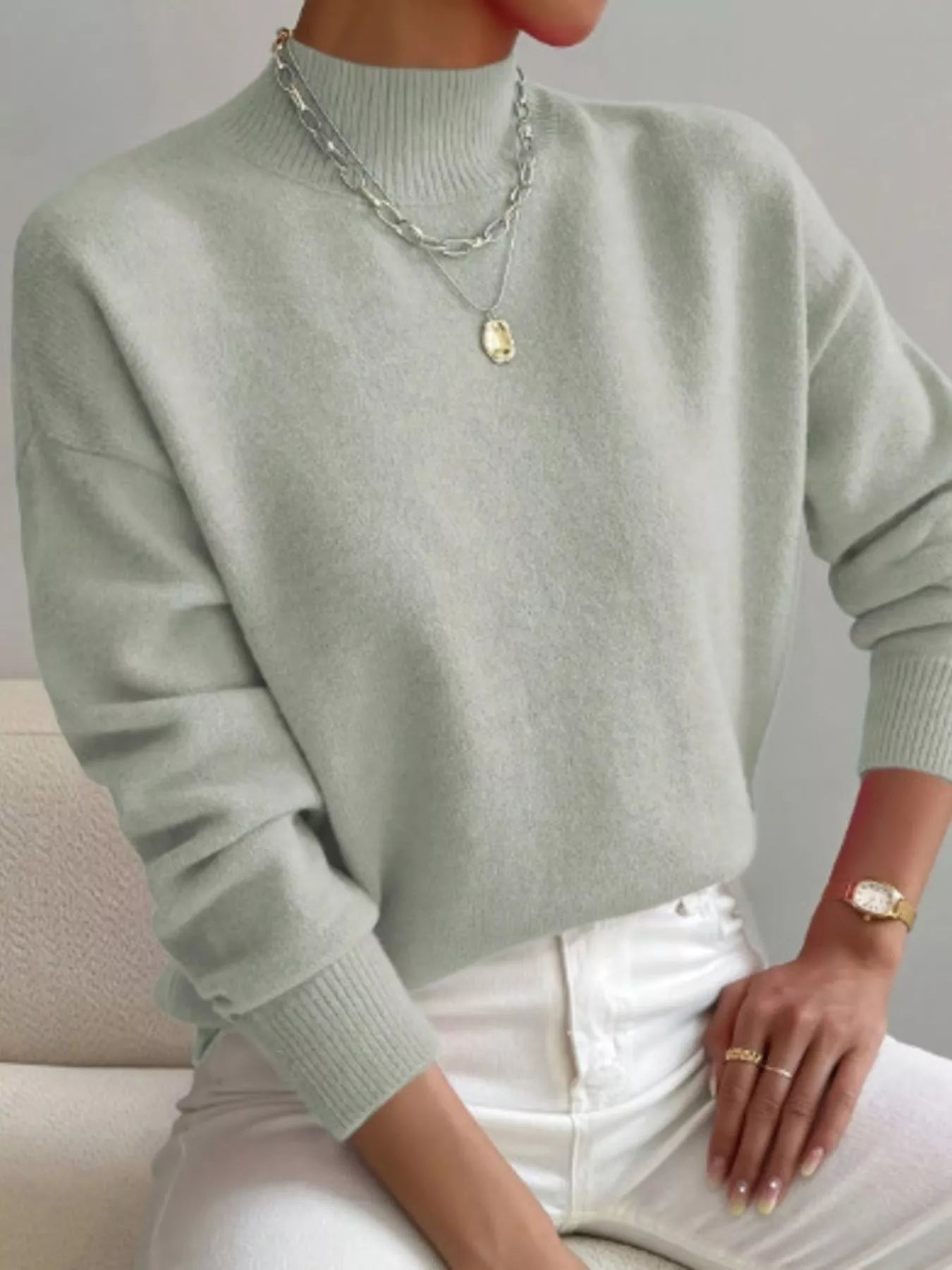 Mock Neck Dropped Shoulder Sweater-Nordavory