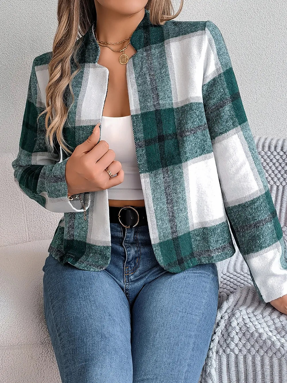 Plaid Open Front Long Sleeve Jacket-Nordavory