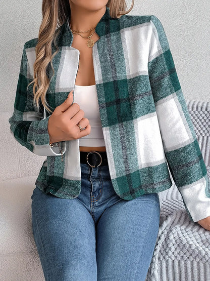 Plaid Open Front Long Sleeve Jacket-Nordavory