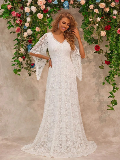 Lace V-Neck Floor length Dress-Nordavory