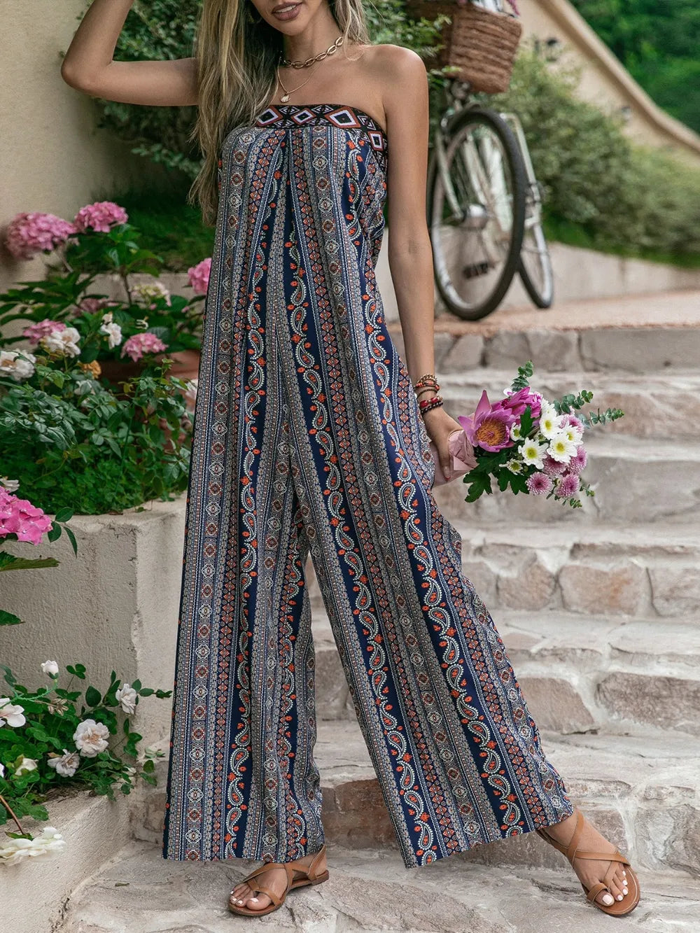 Tied Printed Tube Wide Leg Jumpsuit-Nordavory