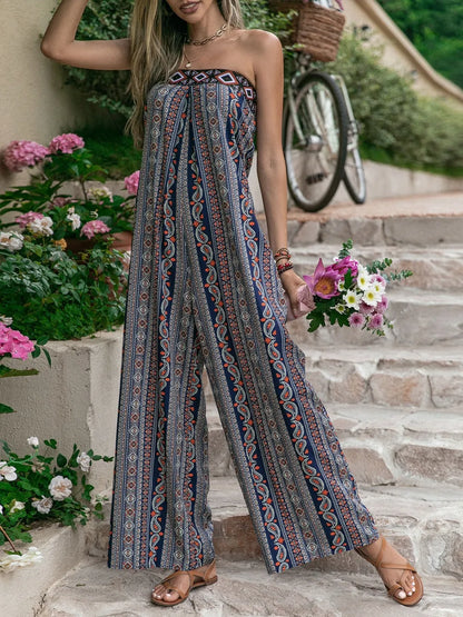 Tied Printed Tube Wide Leg Jumpsuit-Nordavory