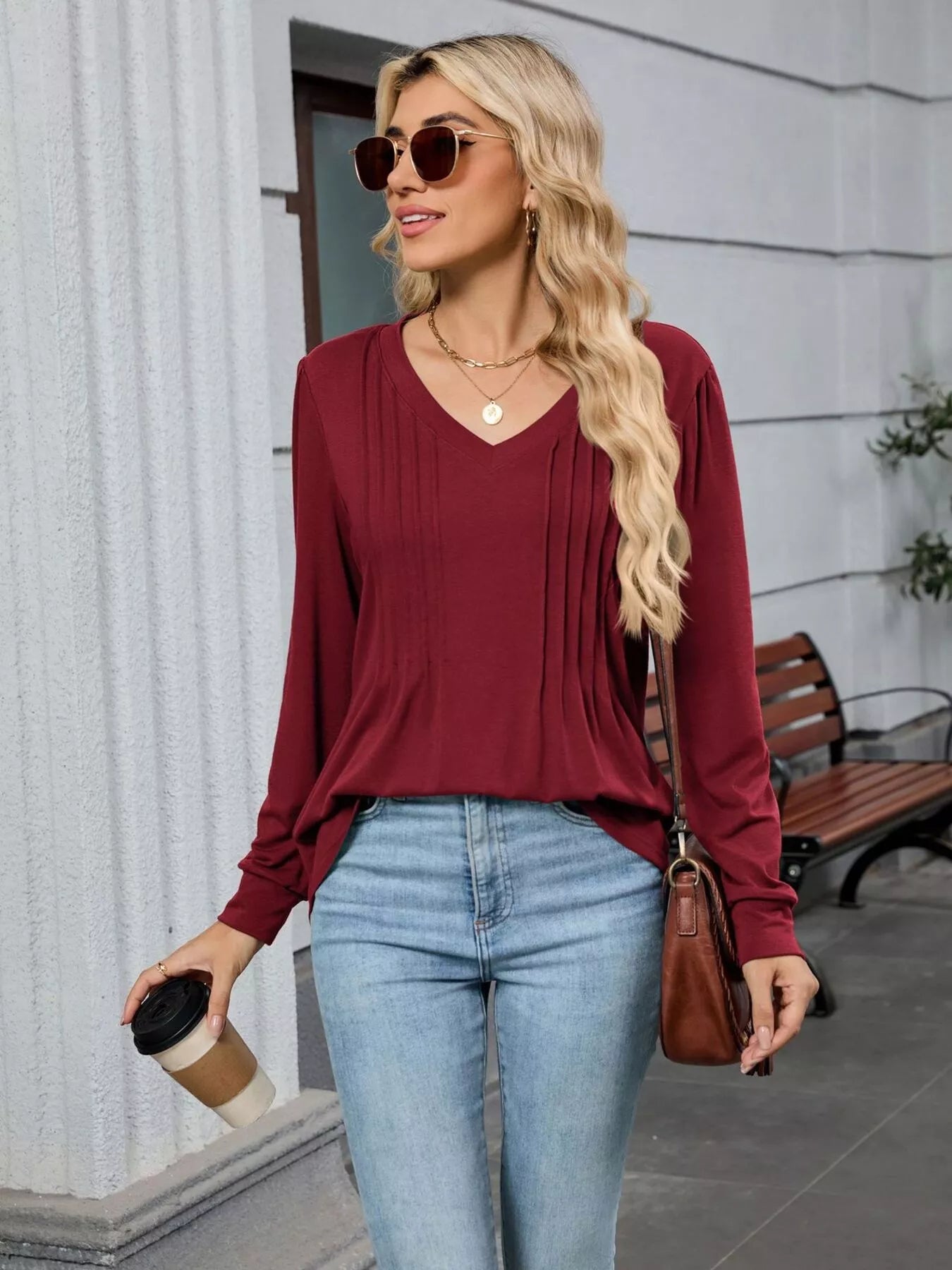 V-Neck Long Sleeve Relaxed Fit T-Shirt-Nordavory
