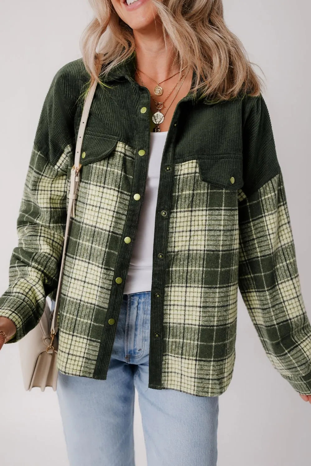 Snap Down Collared Neck Plaid Shacket-Nordavory