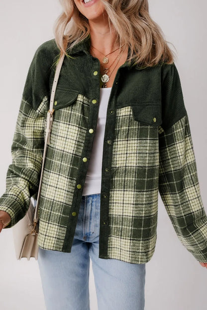 Snap Down Collared Neck Plaid Shacket-Nordavory