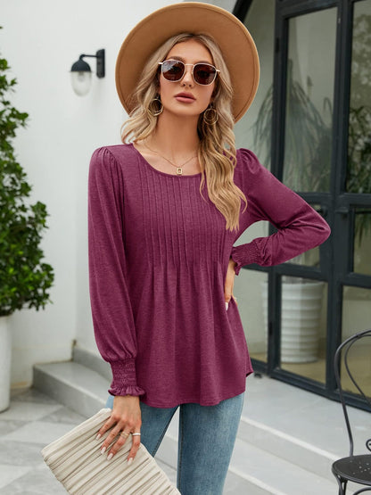 Smocked Round Neck Lantern Sleeve Blouse-Nordavory