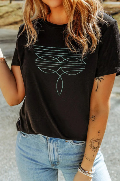 Embroidered Round Neck Short Sleeve T-Shirt-Nordavory