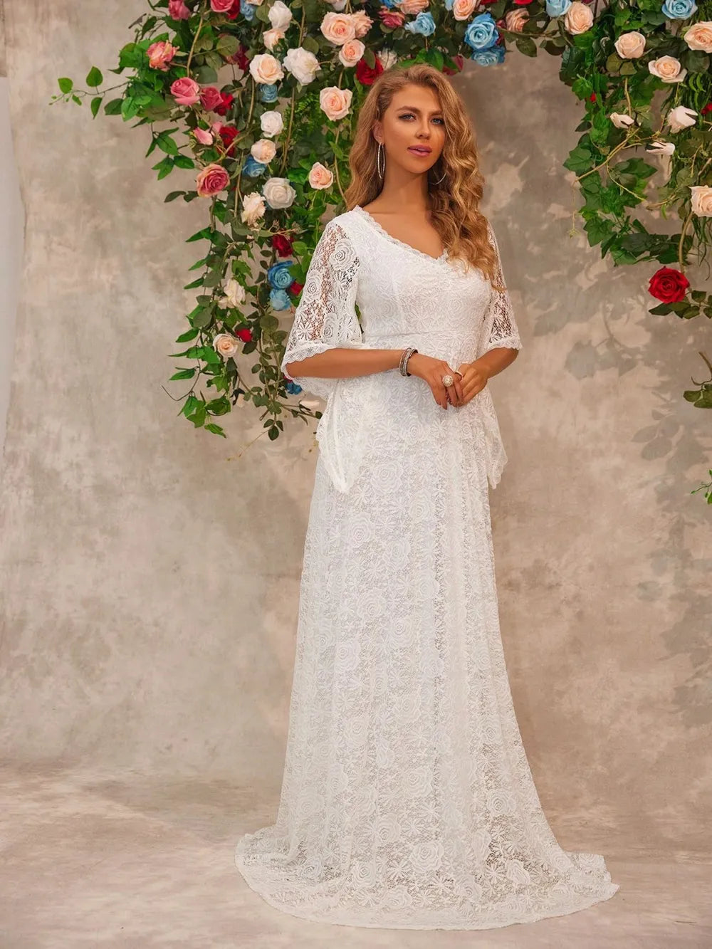 Lace V-Neck Floor length Dress-Nordavory