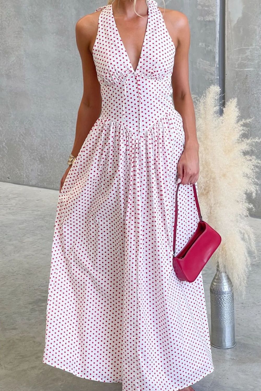 Backless Polka Dot Halter Neck Maxi Dress-Nordavory