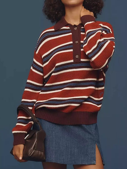Striped Button Detail Polo Collar Sweater-Nordavory