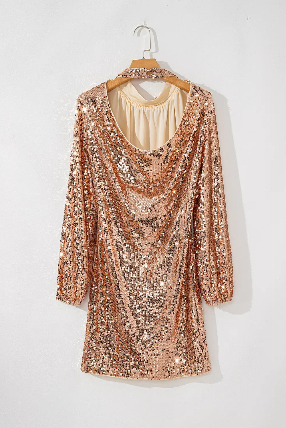 Backless Sequin Mock Neck Long Sleeve Mini Dress-Nordavory