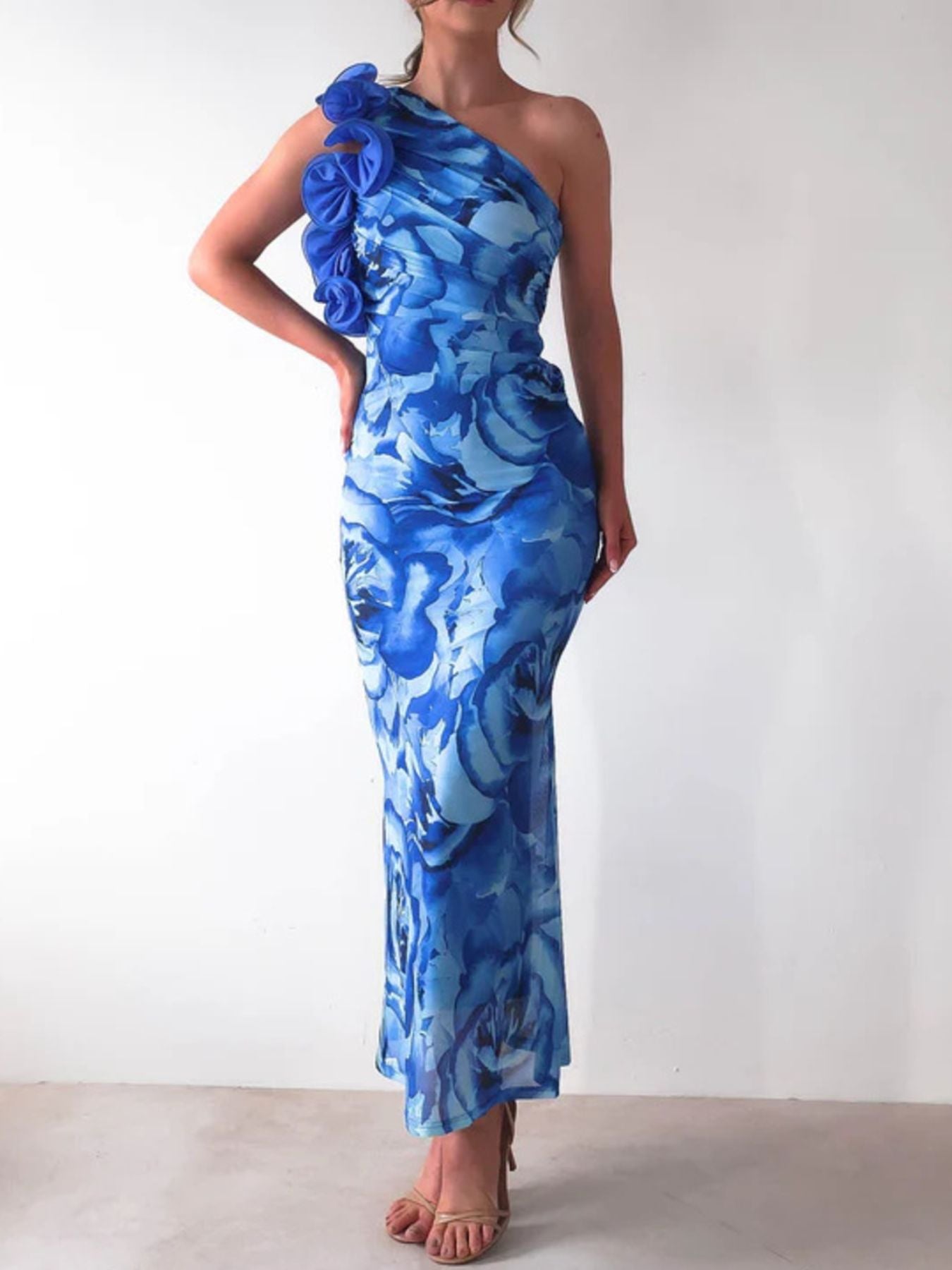 Floral Print One-Shoulder Maxi Dress-Nordavory