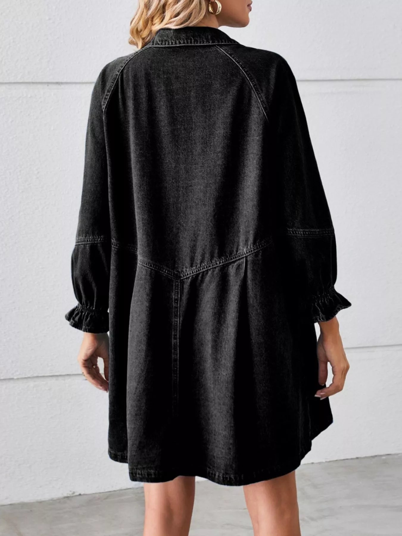 Button Down Ruffle Cuff Denim Dress-Nordavory