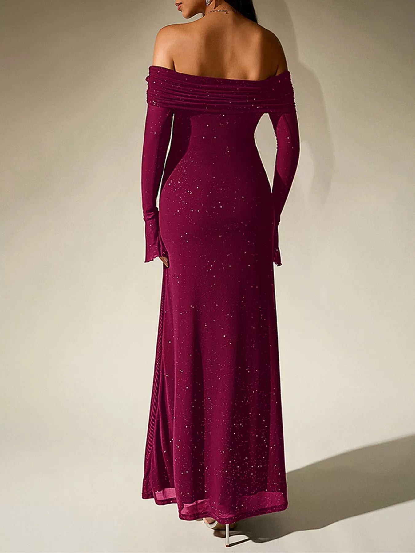 Glitter Off-Shoulder Maxi Dress-Nordavory