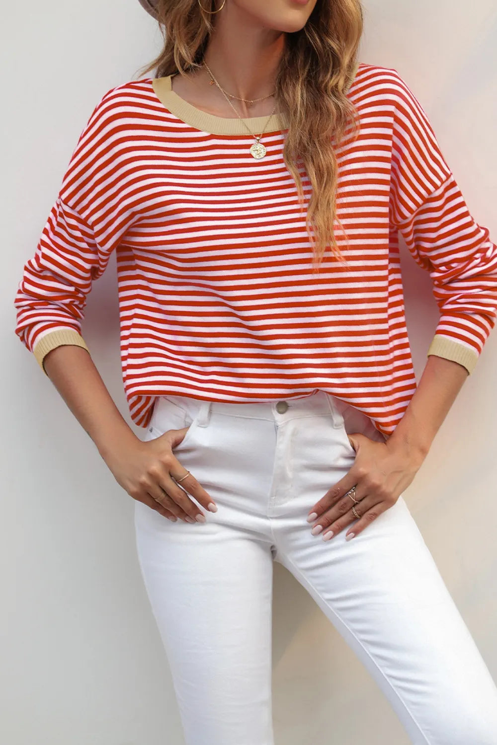 Striped Round Neck Drop Shoulder T-Shirt-Nordavory