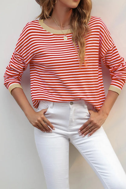 Striped Round Neck Drop Shoulder T-Shirt-Nordavory
