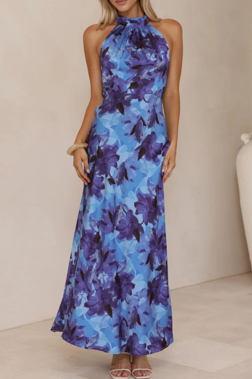 Floral Print Halter Neck Maxi Dress-Nordavory