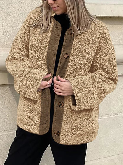Contrast Button Up Sherpa Jacket with Pockets-Nordavory