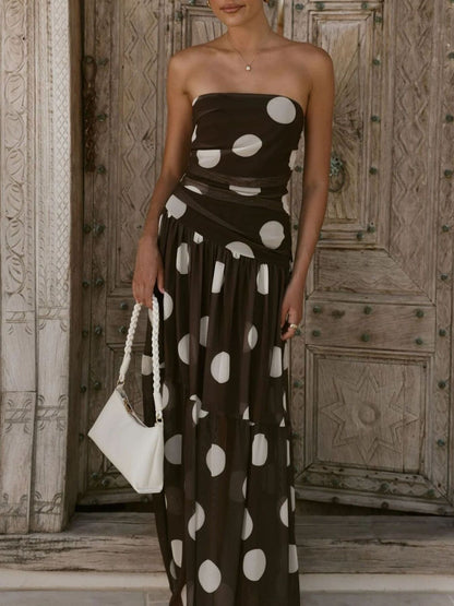 Polka Dot Strapless Ruched Maxi Dress-Nordavory