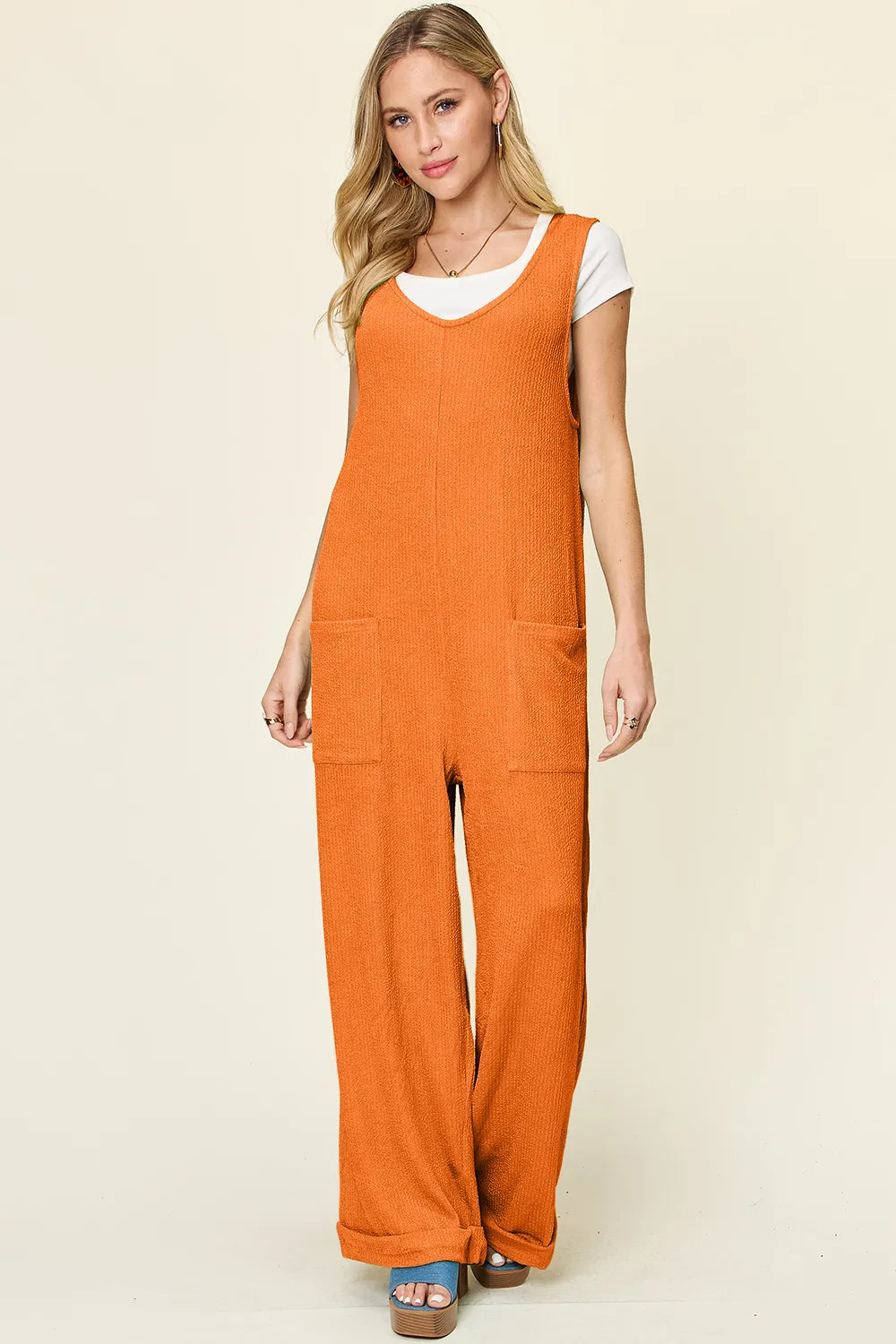 Double Take Full Size Texture Sleeveless Wide Leg Jumpsuit-Nordavory
