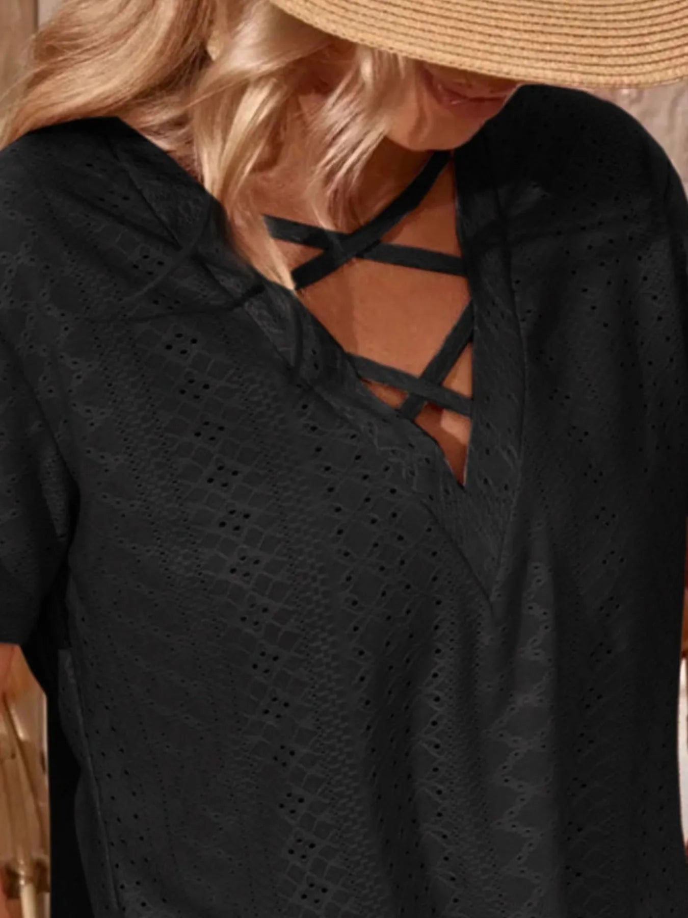 Eyelet Crisscross Short Sleeve T-Shirt-Nordavory
