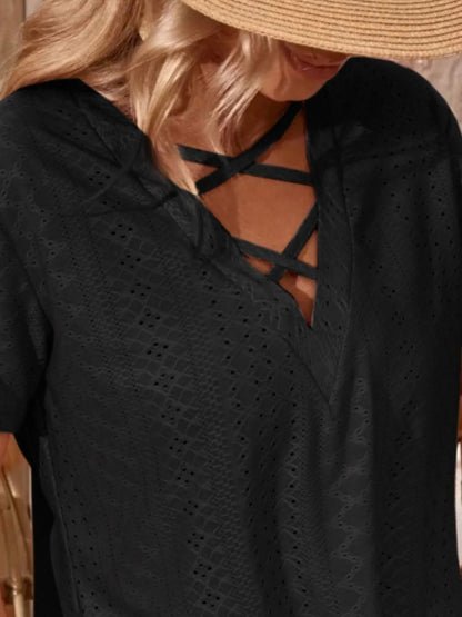 Eyelet Crisscross Short Sleeve T-Shirt-Nordavory