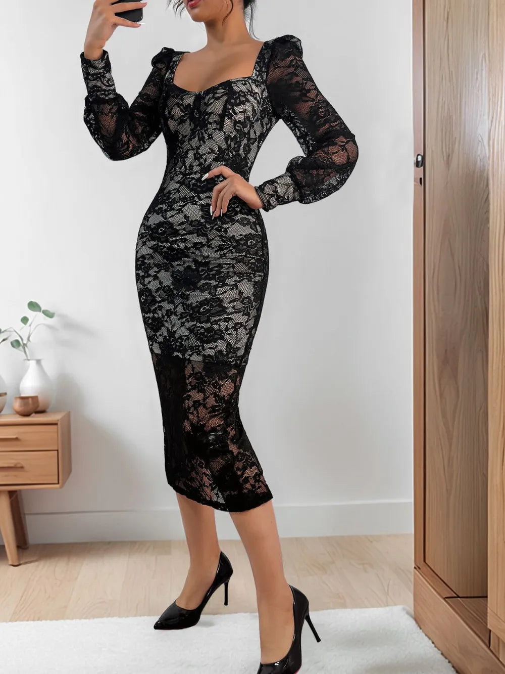 Perfee Lace Sweetheart Neck Long Sleeve Midi Dress-Nordavory