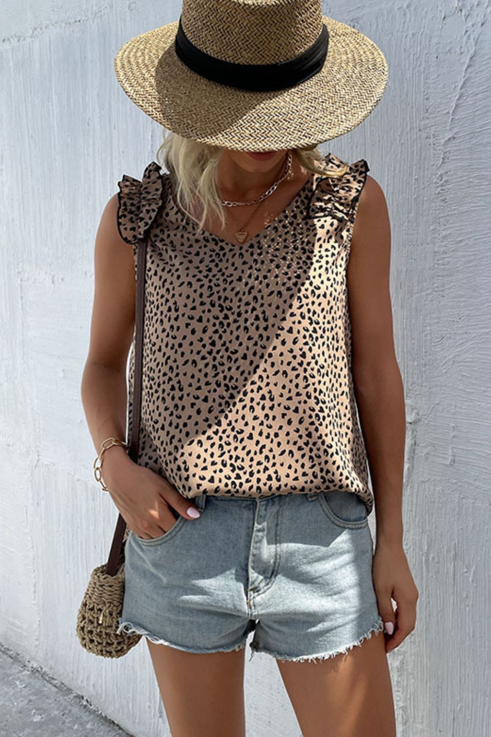 Perfee Leopard Frill Trim V-Neck Tank-Nordavory