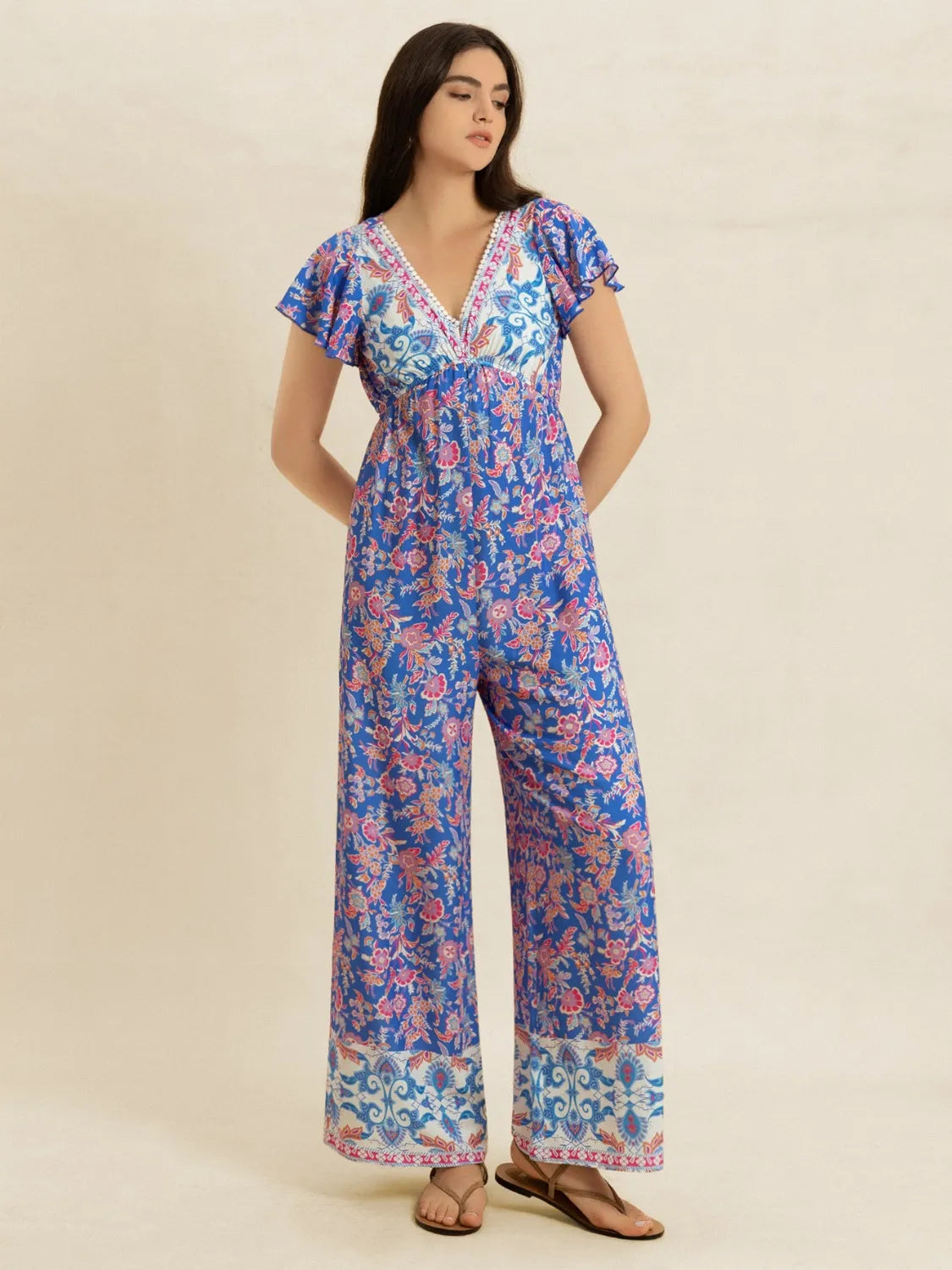 Printed V-Neck Wide Leg Jumpsuit-Nordavory