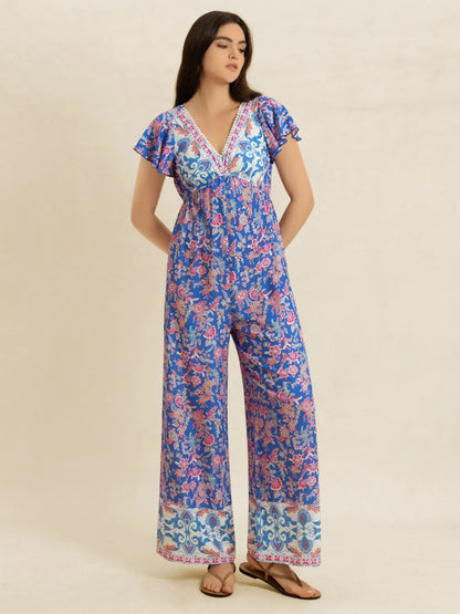 Printed V-Neck Wide Leg Jumpsuit-Nordavory
