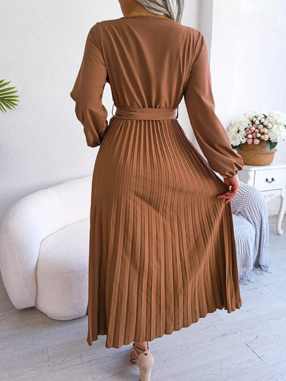 Elegant Pleated Front Tie Long Sleeve Dress-Nordavory