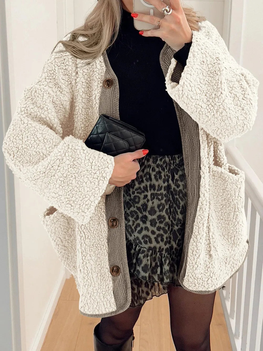 Contrast Button Up Sherpa Jacket with Pockets-Nordavory
