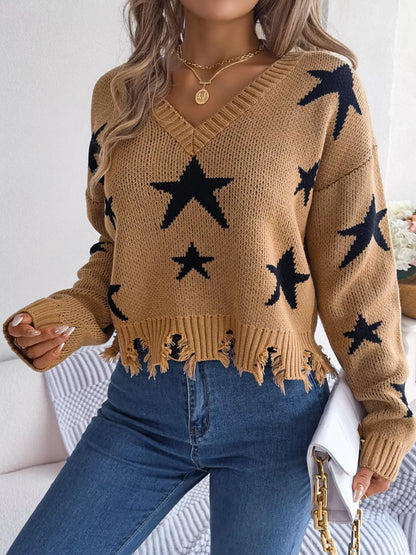 Star Pattern V-Neck Distressed Sweater-Nordavory