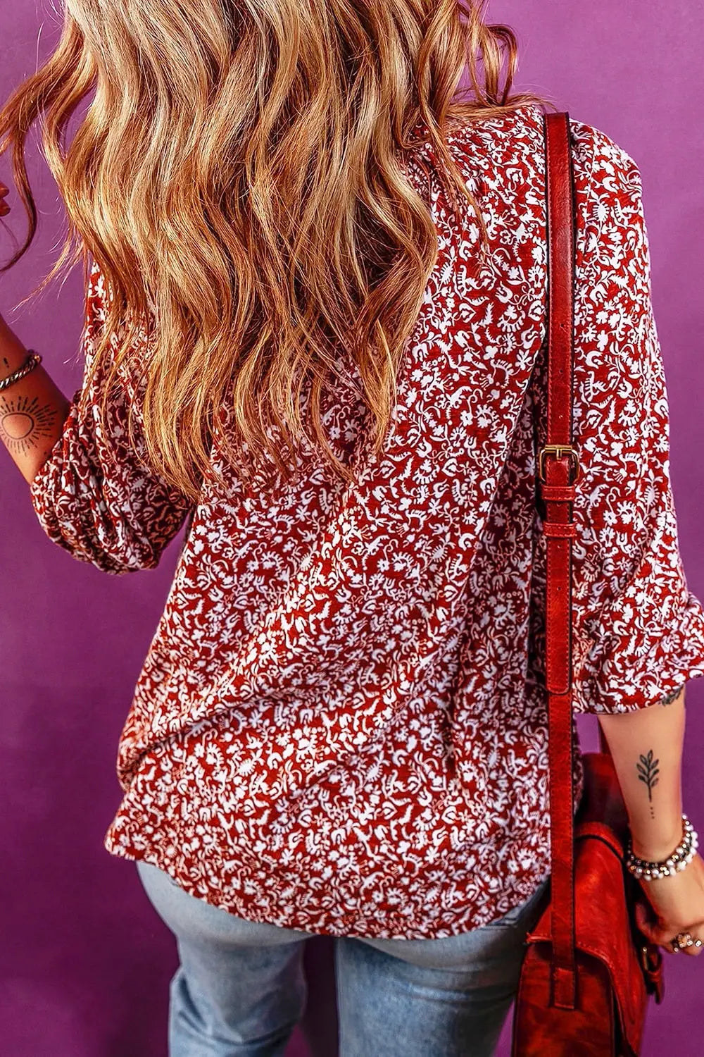 Printed Tie Neck Balloon Sleeve Blouse-Nordavory