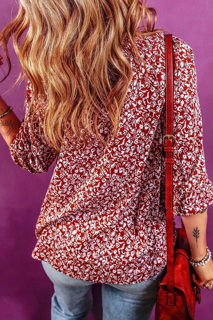 Printed Tie Neck Balloon Sleeve Blouse-Nordavory