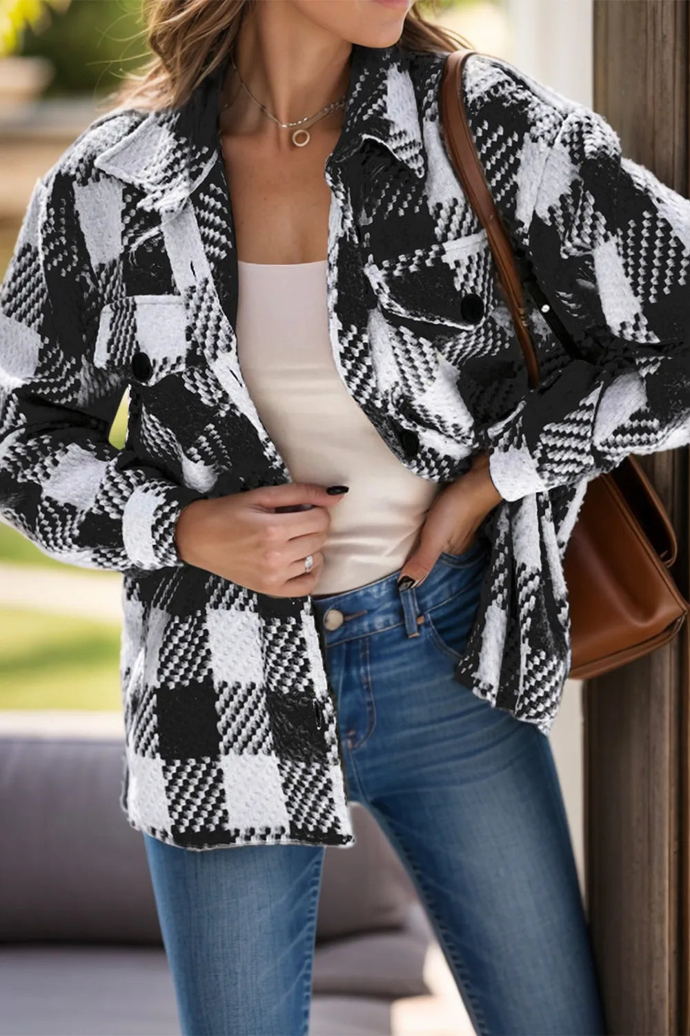Plaid Button Up Long Sleeve Jacket-Nordavory