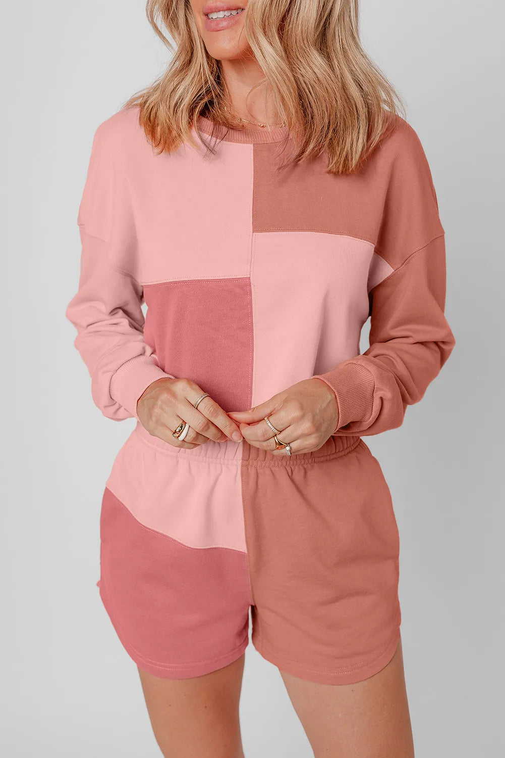 Color Block Round Neck Top and Shorts Set-Nordavory